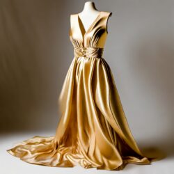 Liquid Gold color Evening simple dress metallic fabrics and bold accessories--2024 Fashion
